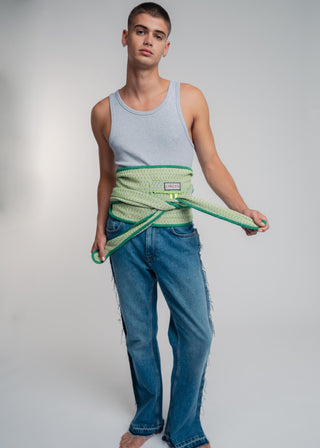 Unisex kimono belt in premium cotton with a bold light green and petrol duo-color design. Versatile styling and endless wearing possibilities for a customizable look.
