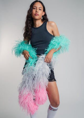 Luxurious two meter tricolor mint, grey and pink ostrich feather scarf boa. Made from the finest South African feathers, this accessory can be easily dressed up or down to make a statement with any look.