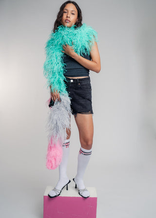 Luxurious two meter tricolor mint, grey and pink ostrich feather scarf boa. Made from the finest South African feathers, this accessory can be easily dressed up or down to make a statement with any look.