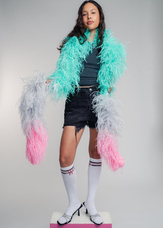 Luxurious two meter tricolor mint, grey and pink ostrich feather scarf boa. Made from the finest South African feathers, this accessory can be easily dressed up or down to make a statement with any look.