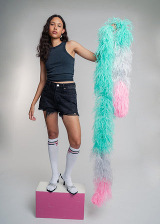 Luxurious two meter tricolor mint, grey and pink ostrich feather scarf boa. Made from the finest South African feathers, this accessory can be easily dressed up or down to make a statement with any look.