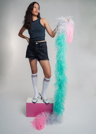 Luxurious two meter tricolor mint, grey and pink ostrich feather scarf boa. Made from the finest South African feathers, this accessory can be easily dressed up or down to make a statement with any look.