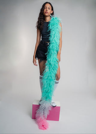 Luxurious two meter tricolor mint, grey and pink ostrich feather scarf boa. Made from the finest South African feathers, this accessory can be easily dressed up or down to make a statement with any look.