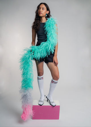 Luxurious two meter tricolor mint, grey and pink ostrich feather scarf boa. Made from the finest South African feathers, this accessory can be easily dressed up or down to make a statement with any look.