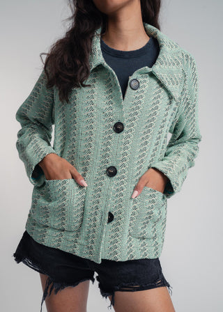 Unisex short jacket in premium cotton with a bold mint and navy duo-color design, featuring interchangeable buttons for a customizable look.