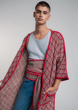Unisex long kimono in premium cotton with a bold red and black duo-color diamond design.
