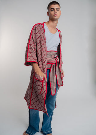 Unisex long kimono in premium cotton with a bold red and black duo-color diamond design.