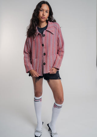 Unisex short jacket in premium cotton with a bold red and blue duo-color design, featuring interchangeable buttons for a customizable look.