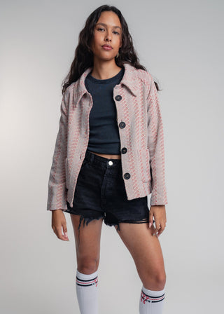 Unisex short jacket in premium cotton with a bold red and light grey duo-color design, featuring interchangeable buttons for a customizable look.