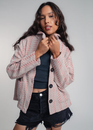 Unisex short jacket in premium cotton with a bold red and light grey duo-color design, featuring interchangeable buttons for a customizable look.