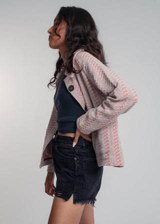 Side view of a unisex short jacket in premium cotton with a bold red and light grey duo-color design, featuring interchangeable buttons for a customizable look.