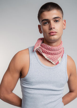 Unisex bandana in premium ultralight cotton with a bold red and light gray duo-color design. Versatile styling accessory can be used to cover the hair, around the neck or even wrapped around the wrist as a bracelet.