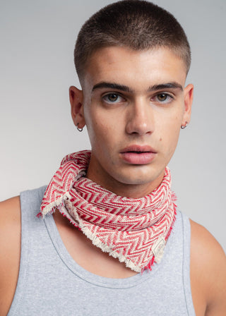 Unisex bandana in premium ultralight cotton with a bold red and light gray duo-color design. Versatile styling accessory can be used to cover the hair, around the neck or even wrapped around the wrist as a bracelet.