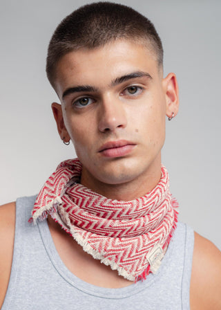 Unisex bandana in premium ultralight cotton with a bold red and light gray duo-color design. Versatile styling accessory can be used to cover the hair, around the neck or even wrapped around the wrist as a bracelet.