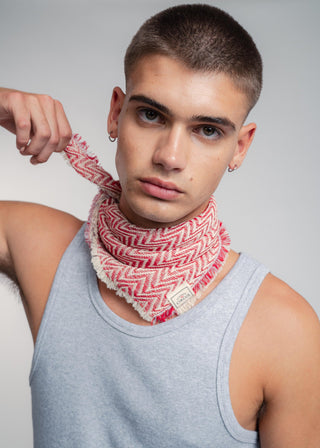 Unisex bandana in premium ultralight cotton with a bold red and light gray duo-color design. Versatile styling accessory can be used to cover the hair, around the neck or even wrapped around the wrist as a bracelet.