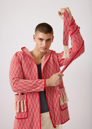 Unisex artist jacket in premium cotton with a bold red diamond design and red finished edges.