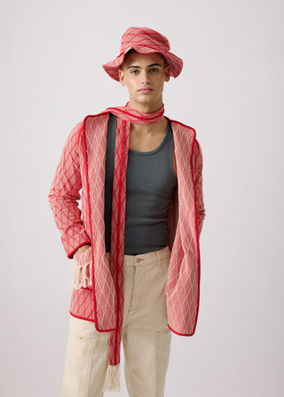 Unisex artist jacket in premium cotton with a bold red diamond design and red finished edges.