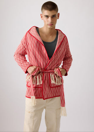Unisex artist jacket in premium cotton with a bold red diamond design and red finished edges.