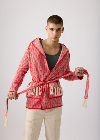 Unisex artist jacket in premium cotton with a bold red diamond design and red finished edges.