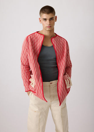 Unisex artist jacket in premium cotton with a bold red diamond design and red finished edges.