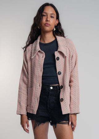 Unisex short jacket in premium cotton with a bold rose and grey duo-color design, featuring interchangeable buttons for a customizable look.