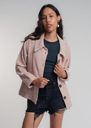 Unisex short jacket in premium cotton with a bold rose and grey duo-color design, featuring interchangeable buttons for a customizable look.