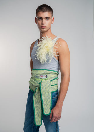 Unisex ostrich feather brooch accessory with a bold vanilla yellow design.